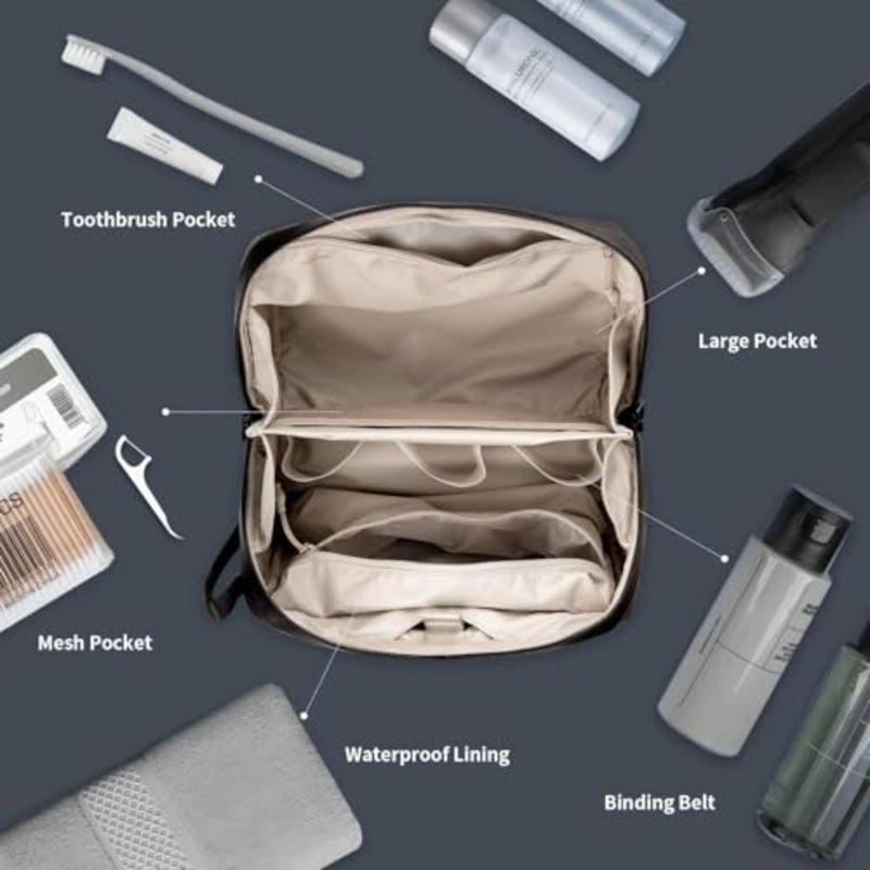Travel hanging toiletry bag for men, waterproof nylon, black, large capacity with multiple compartments and hook for easy organization - Image 3