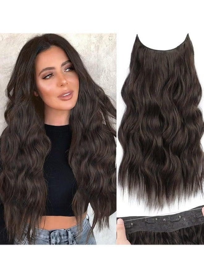 JUMEI Invisible Wire Hair Extensions with Transparent Wire Adjustable Size 4 Secure Clips Long Wavy Secret Hairpiece 20 Inch Dark Brown for Women - Image 1