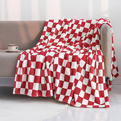 LOMAO Throw Blankets Flannel Blanket with Checkerboard Grid Pattern Soft Throw Blanket for Couch, Bed, Sofa Luxurious Warm and Cozy for All Seasons (Red, 50"x60") - Image 1