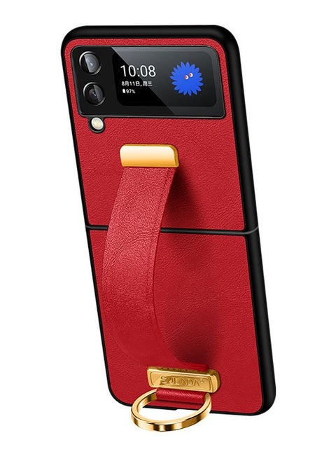 for Samsung Galaxy Z Flip 3 5G Case Premium PU Leather Wristband Portable Case Durable Minimalist Ultra Thin Slim Cover Protective Phone Case Compatible with Samsung Galaxy Z Flip 3 Red