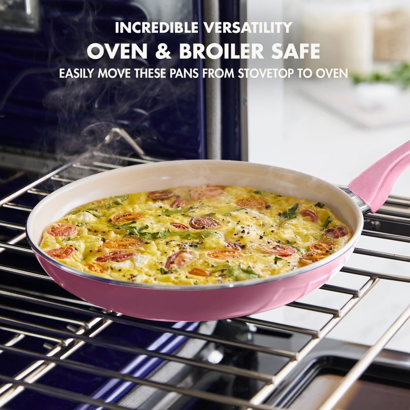 Greenpan مجموعة مقلاة سيراميك غير لاصقة 8" من جرين بان ريو ومجرفة سيليكون مع مقبض مريح مجموعة وجبة الإفطار خالية من PFAS آمنة في غسالة الصحون وآمنة في الفرن باللون الوردي - Image 3