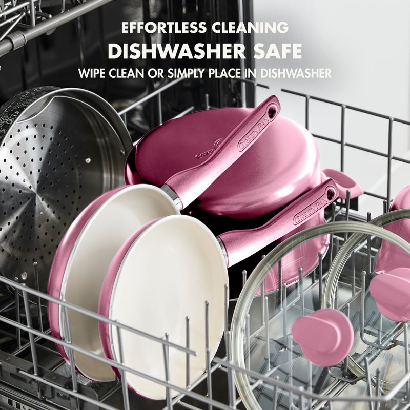 Greenpan مجموعة مقلاة سيراميك غير لاصقة 8" من جرين بان ريو ومجرفة سيليكون مع مقبض مريح مجموعة وجبة الإفطار خالية من PFAS آمنة في غسالة الصحون وآمنة في الفرن باللون الوردي - Image 4