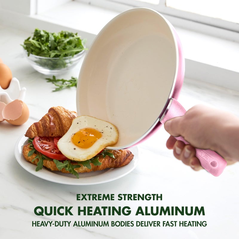 Greenpan مجموعة مقلاة سيراميك غير لاصقة 8" من جرين بان ريو ومجرفة سيليكون مع مقبض مريح مجموعة وجبة الإفطار خالية من PFAS آمنة في غسالة الصحون وآمنة في الفرن باللون الوردي - Image 2