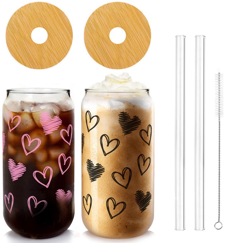Mason Life Iced Coffee Cups Valentines Cups Gifts for Her Women 18 OZ Hearts Cup Beer Glass Love Can Couple Drinking Glasses Glass Cups with Bamboo Lids and Straws Valentines Day Gifts 2 Sets