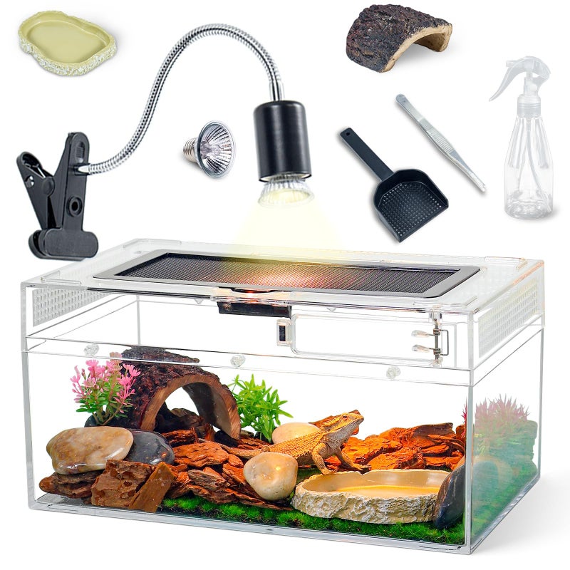 BINANO 12.5''Ã—6''Ã—7'' Reptile Tank Kit with Heat Lamp, Spray Bottle, Shovel, Tweezers, Food Bowl, Hideout -Perfect for Geckos, Snakes, Lizards, Turtles, Jumping Spider,Milk Frog,Hermit Crabs - Image 1