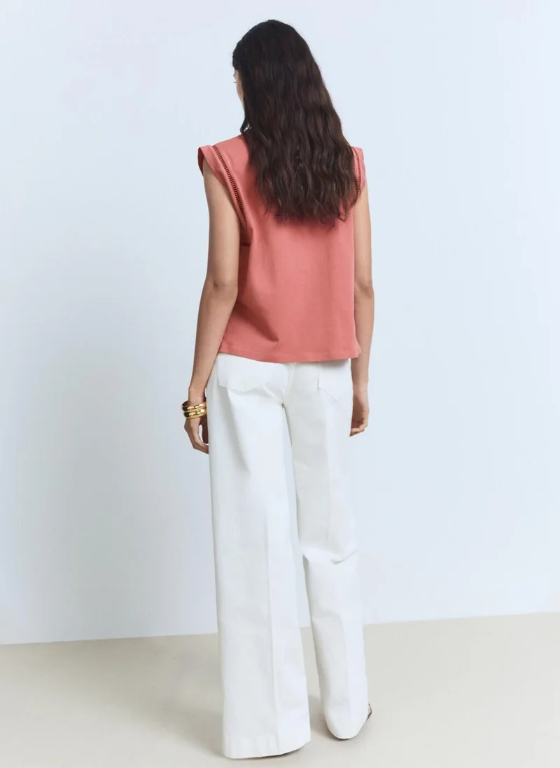 مانجو Cotton T-Shirt With Openwork Trim