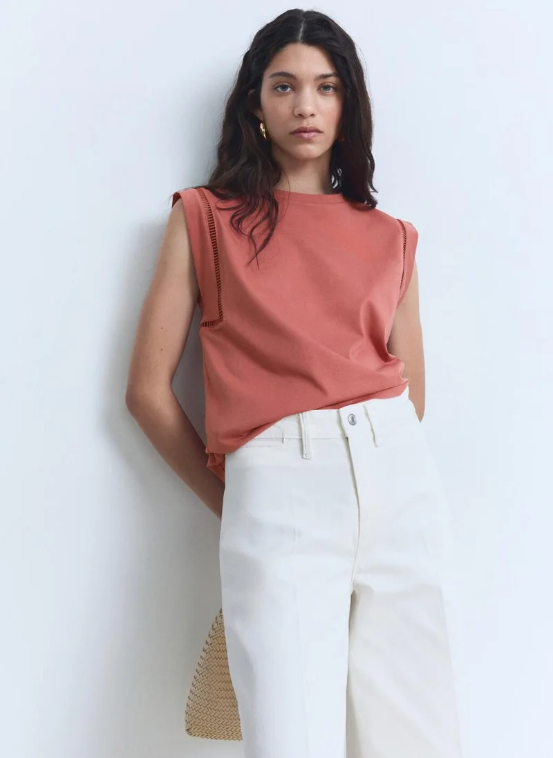 مانجو Cotton T-Shirt With Openwork Trim