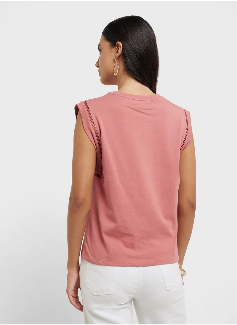 مانجو Cotton T-Shirt With Openwork Trim