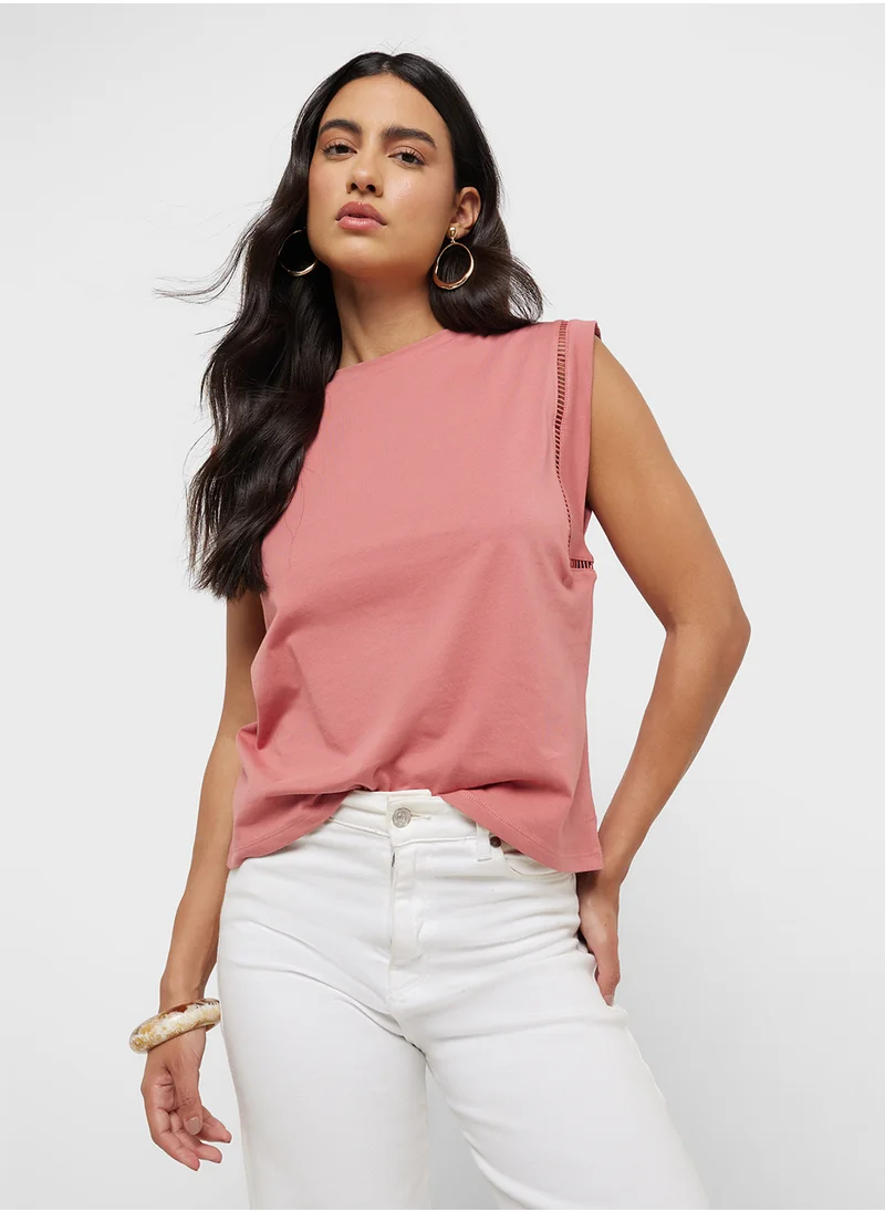 مانجو Cotton T-Shirt With Openwork Trim