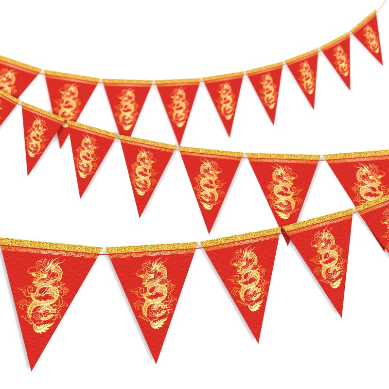 Whaline 20pcs Chinese New Year Dragon Pennant Banner 2024 Spring Festive Triangle Bunting Flag Pre-Assembled Garland for Chinese New Year Party Home Decor - Image 1