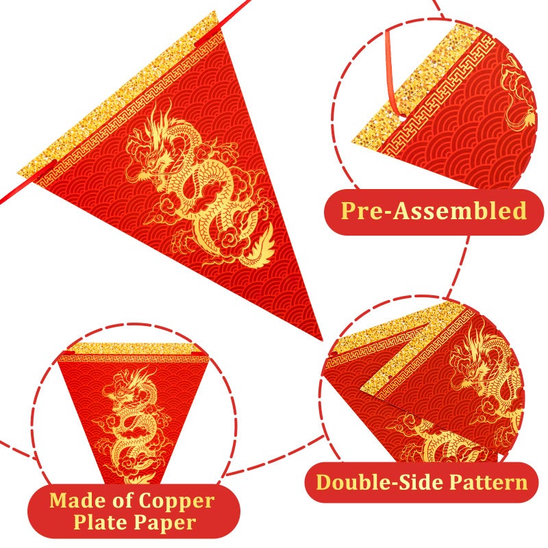 Whaline 20pcs Chinese New Year Dragon Pennant Banner 2024 Spring Festive Triangle Bunting Flag Pre-Assembled Garland for Chinese New Year Party Home Decor - Image 3