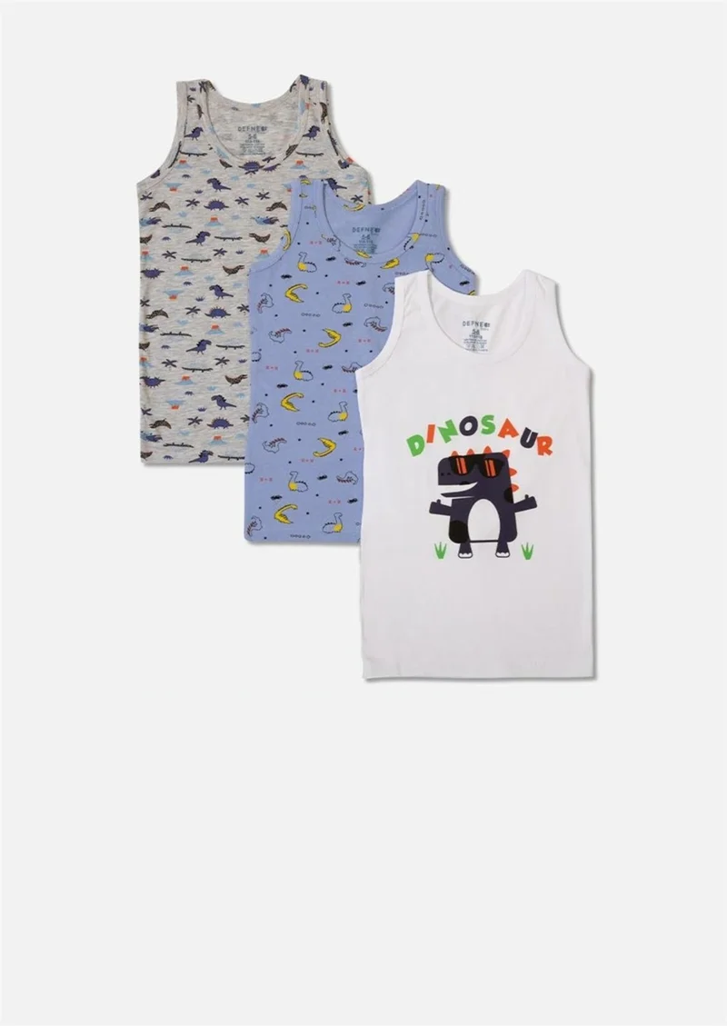 Defne Dinosaur Pattern Printed Combed Cotton Elastane Boy 3-Piece Undershirt Set