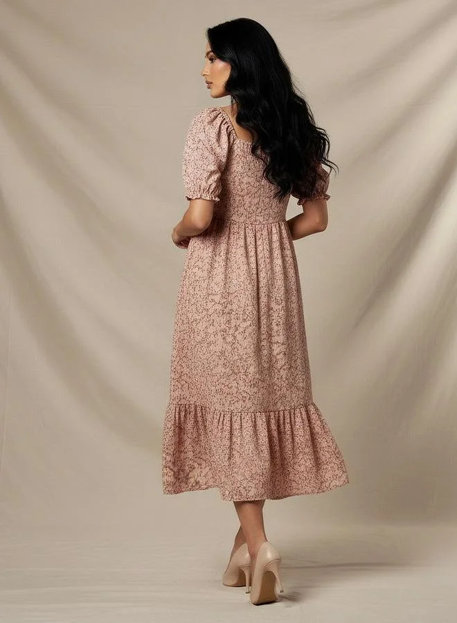 Splash FAV  Floral Print Midi Dress with Square Neck for Women | Best Price UAE
