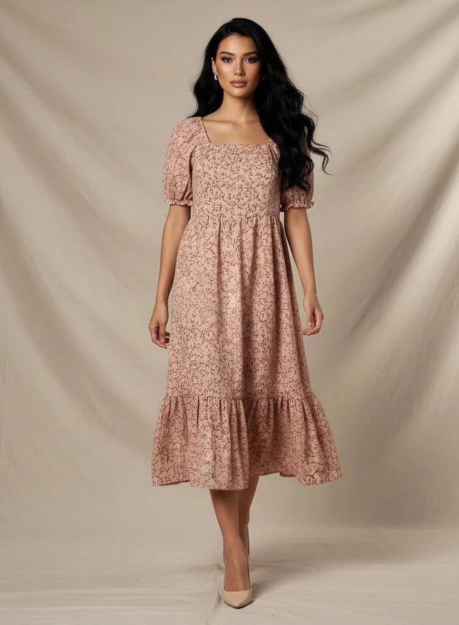 Splash FAV Floral Print Midi Dress with Square Neck