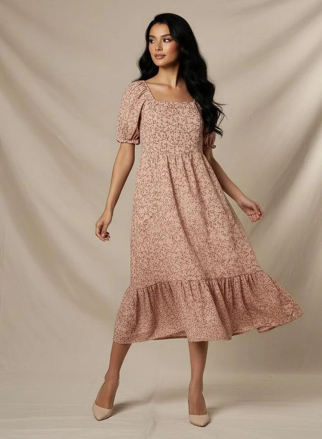 Splash FAV Floral Print Midi Dress with Square Neck