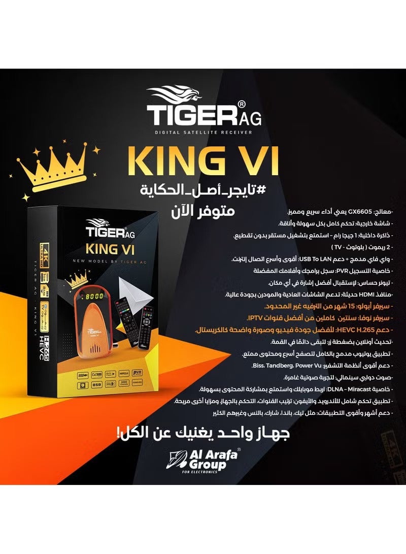 تايجر رسيفر تايجر AG King VI HD مع واي فاي مدمج ودعم LAN وUSB، HEVC H.265، IPTV، YouTube، PVR، HDMI، ويدعم حتى 8000 قناة - Image 2