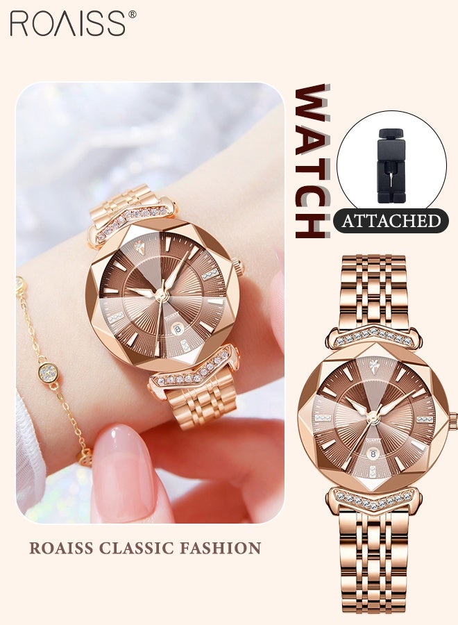 roaiss Waterproof Quartz Watch for Women, Analog Display Round Dial with Calendar Window, Fashion Luxury Business Luminous Steel Band Wristwatch as Gift for Ladies - Image 1