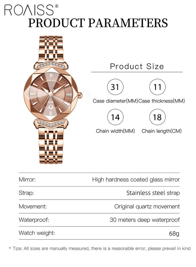 roaiss Waterproof Quartz Watch for Women, Analog Display Round Dial with Calendar Window, Fashion Luxury Business Luminous Steel Band Wristwatch as Gift for Ladies - Image 3