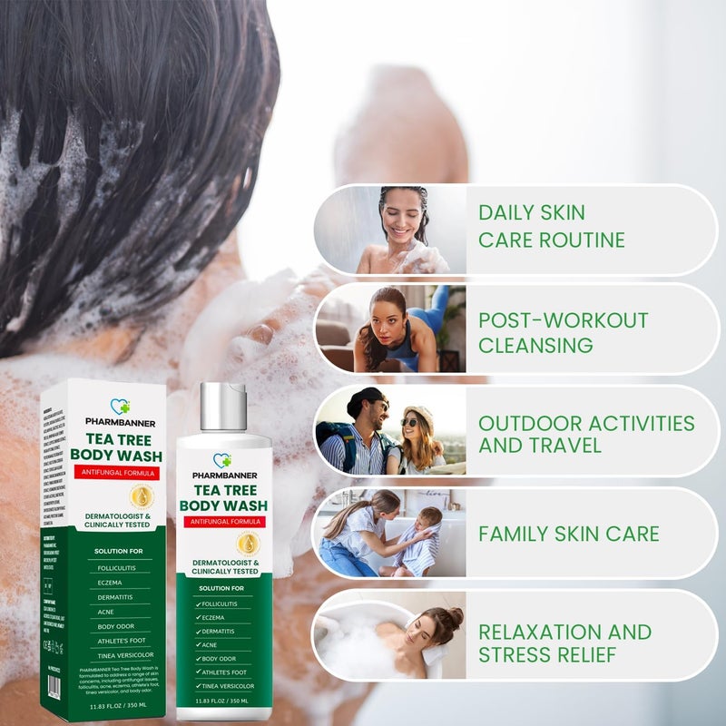 PHARMBANNER Tea Tree Antifungal Body Wash â€“ Soothes Folliculitis, Acne, Jock Itch, Athleteâ€™s Foot, Ringworm, Tinea Versicolor, Body Odor, Eczema & Dermatitis-Prone Skin - Image 3