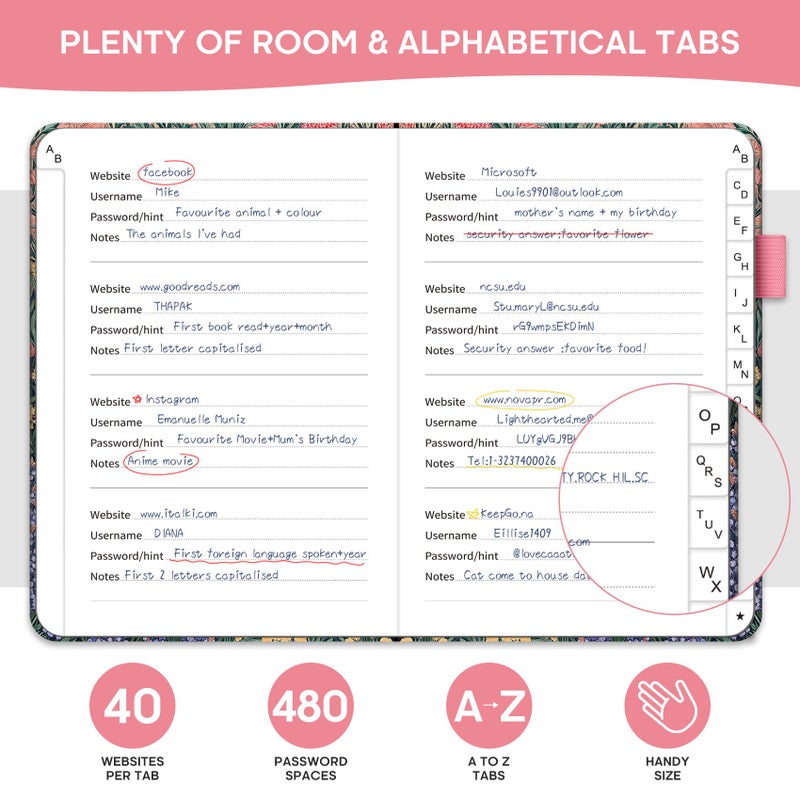 Taja Password Keeper Book with Alphabetical Tabs, Small Password Books for Seniors, Password Notebook for Internet Website Address Log in Detail, Password Logbook with Colorful Designs - Blooming Symphony - Image 3