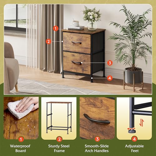 WLIVE Night Stand, Small 2 Drawer Dresser, Nightstand with Fabric Bins for Bedroom, Closet, Dorm, Rustic Brown Wood Grain Print, 11.8" D x 15.7" W x 20.9" H - Image 5