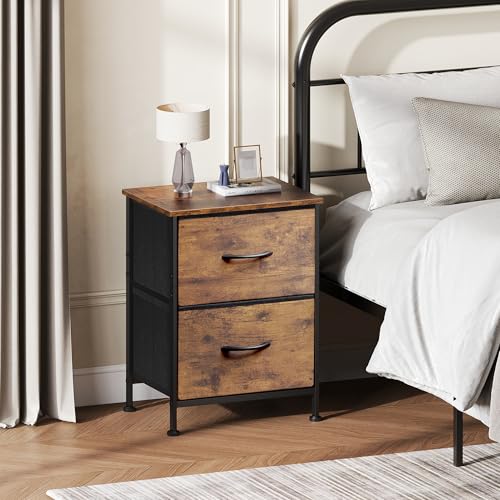 WLIVE Night Stand, Small 2 Drawer Dresser, Nightstand with Fabric Bins for Bedroom, Closet, Dorm, Rustic Brown Wood Grain Print, 11.8" D x 15.7" W x 20.9" H - Image 2