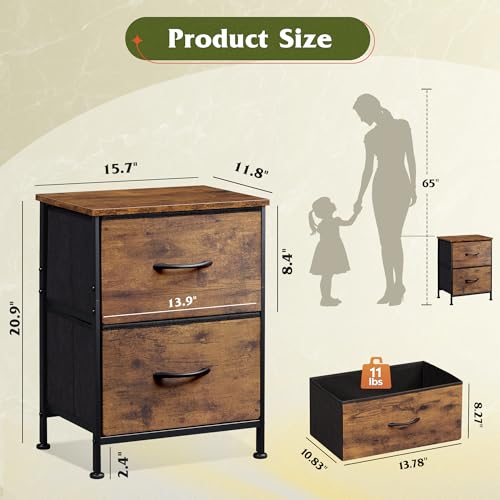 WLIVE Night Stand, Small 2 Drawer Dresser, Nightstand with Fabric Bins for Bedroom, Closet, Dorm, Rustic Brown Wood Grain Print, 11.8" D x 15.7" W x 20.9" H - Image 3