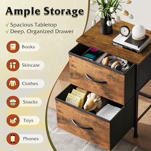 WLIVE Night Stand, Small 2 Drawer Dresser, Nightstand with Fabric Bins for Bedroom, Closet, Dorm, Rustic Brown Wood Grain Print, 11.8" D x 15.7" W x 20.9" H - Image 4
