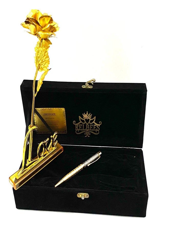 RELBEES Gold Rose, Love Stand with Velvet Gift Box and Gold Plated Crystal Filled Pen for Valentine Gift/Valentine Gift for Girlfriend,Boyfriend Special - Image 3