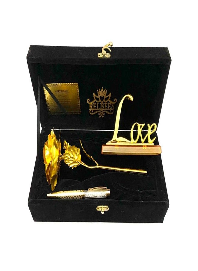 RELBEES Gold Rose, Love Stand with Velvet Gift Box and Gold Plated Crystal Filled Pen for Valentine Gift/Valentine Gift for Girlfriend,Boyfriend Special - Image 2