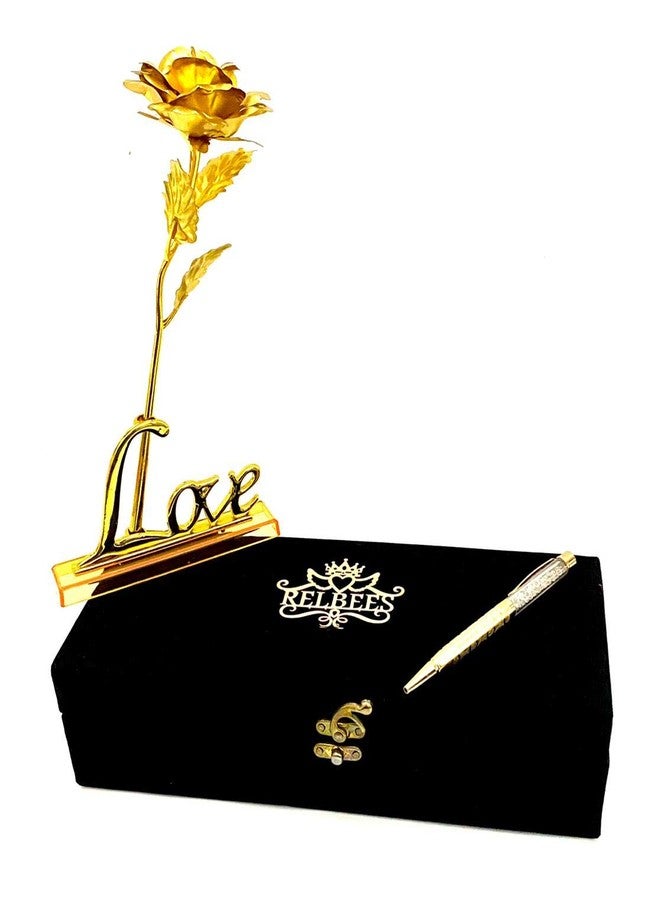 RELBEES Gold Rose, Love Stand with Velvet Gift Box and Gold Plated Crystal Filled Pen for Valentine Gift/Valentine Gift for Girlfriend,Boyfriend Special - Image 1