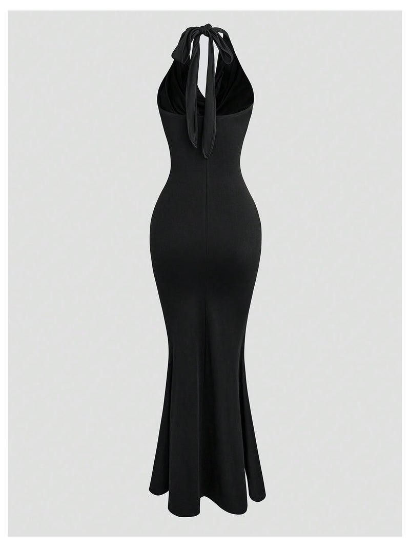 Floerns Women's Plus Size Elegant Halter Maxi Dress Draped Cowl Neck Fishtail Backless Bodycon Party Cocktail Long Dresses Black XX-Large Plus - Image 3