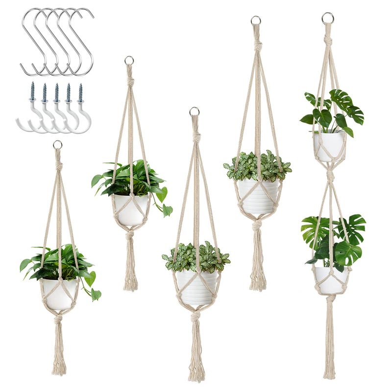 Auckpure 5 Pack Macrame Plant Hangers, Indoor Hanging Plant Holder with S Hooks and Hook Nails, 3 Sizes 34"/40"/54", Handmade Macrame Planter Hanging Baskets for Small Plant Pots, Boho Home Decor (Beige) - Image 1