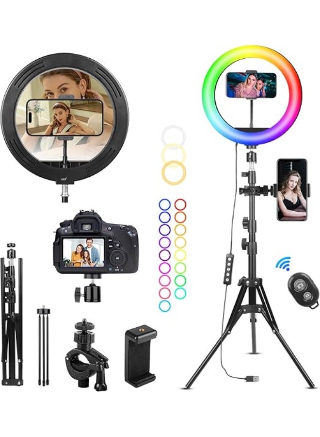 10" Selfie Ring Light with 6ft Adjustable Tripod and Phone Holder – 37 RGB Color Modes, Dimmable LED Light for Makeup, TikTok, YouTube, Zoom, and Photography – Compatible with iPhone and Android  - Image 1