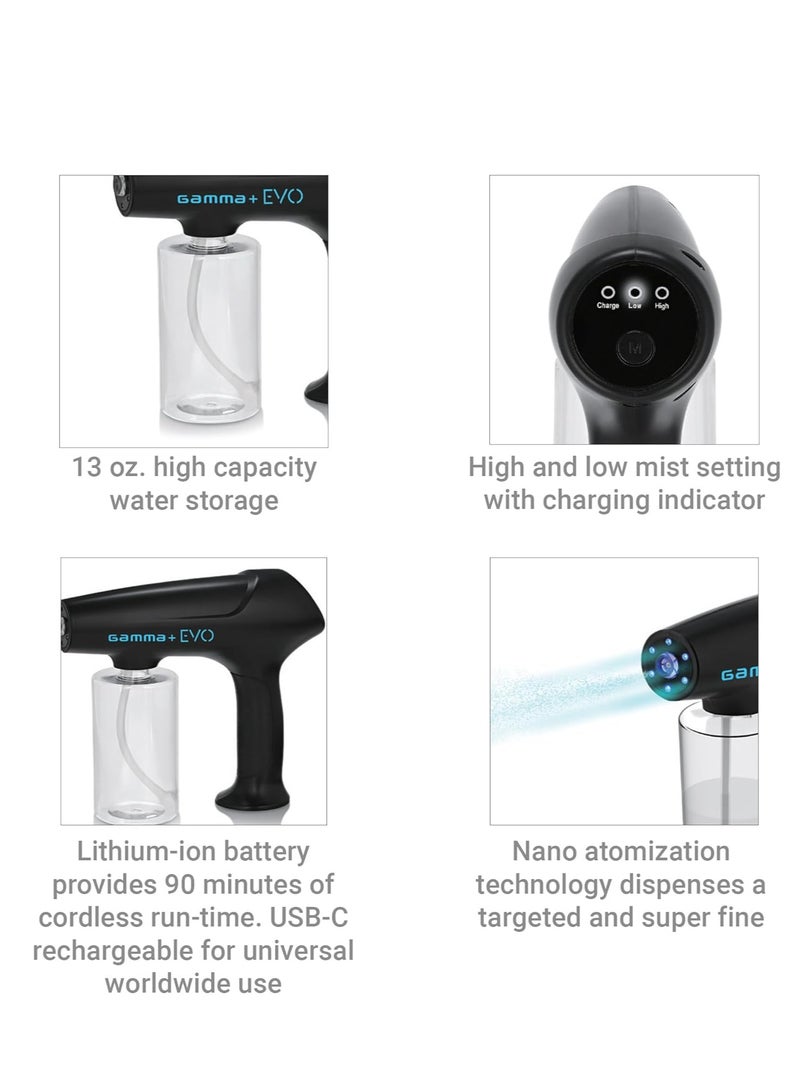 جاما+ بخاخ مياه محمول لاسلكي GAMMA+ Evo Nano Mister، رذاذ مطهر، قابل لإعادة الشحن بمنفذ USB-C لحلاقة الشعر والصالونات والاستخدام المنزلي، أسود - Image 3