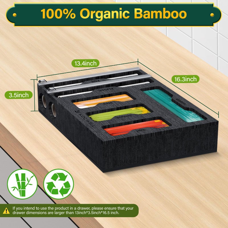 KOCWELL Bag Organizer & Plastic Wrap Dispenser with Cutter, 6 In 1 Bamboo Foil & Plastic Wrap Organizer for Kitchen, Food Storage Bag Organizer - Image 2