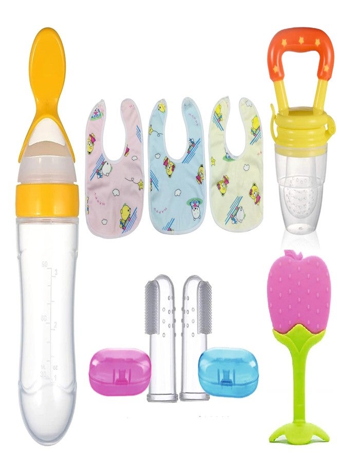 ROFORUF 8-Piece Baby Feeding & Oral Care Set | Silicone Spoon Bottle 90ml, Fruit Feeder, Fruit Teether, Finger Tooth Brush (2pcs) & Waterproof Silicone Bibs (3pcs) | BPA-Free Newborn Kit (Combo of 8) (Yellow) - Image 1
