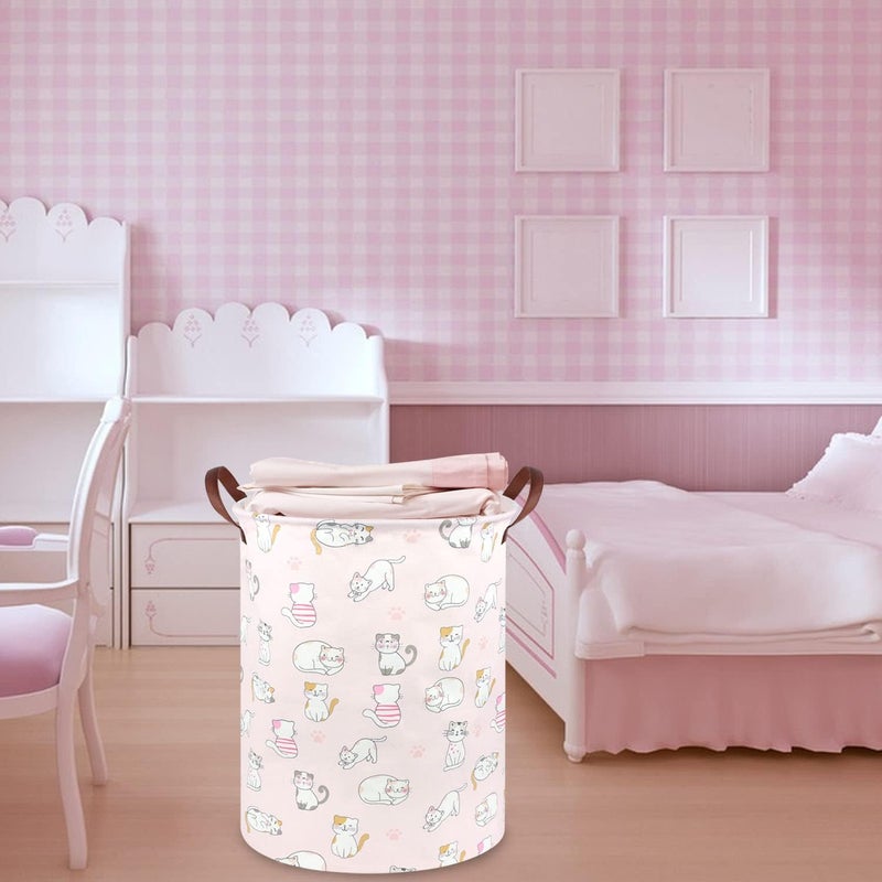 FXOCSHE Pink Hamper,Cat Laundry Basket,Canvas Fabric Collapsible Cute Storage Baskets with Handles,Pink Clothes Hamper,Kids Toy Storage Basket,Toy Organizer,Cat Room Decor(Pink Cat) - Image 5