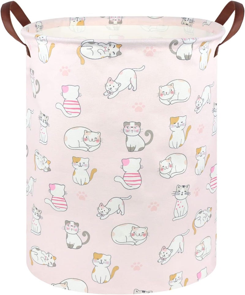 FXOCSHE Pink Hamper,Cat Laundry Basket,Canvas Fabric Collapsible Cute Storage Baskets with Handles,Pink Clothes Hamper,Kids Toy Storage Basket,Toy Organizer,Cat Room Decor(Pink Cat) - Image 1