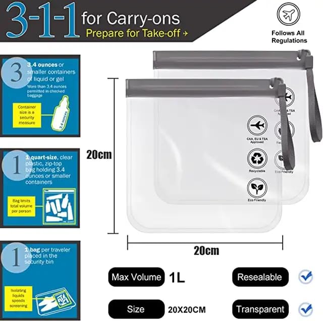 TraveEssentialz Clear Travel Toiletry Bag Pouch | Airport Security Liquid Bags, Airport Bag | Reusable Waterproof Zipper Bag Wet Pouches Organizers | 20 x 20 cm (2 PC Pack) - Image 2