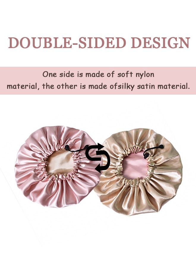 Waterproof Extra Large Satin Double Sided Shower Bath Cap, Unisex Adjustable Drawstring High Stretch Hair Care Nightcap, Double Layers Silky Satin Pullover Cap (Pink)  - Image 3