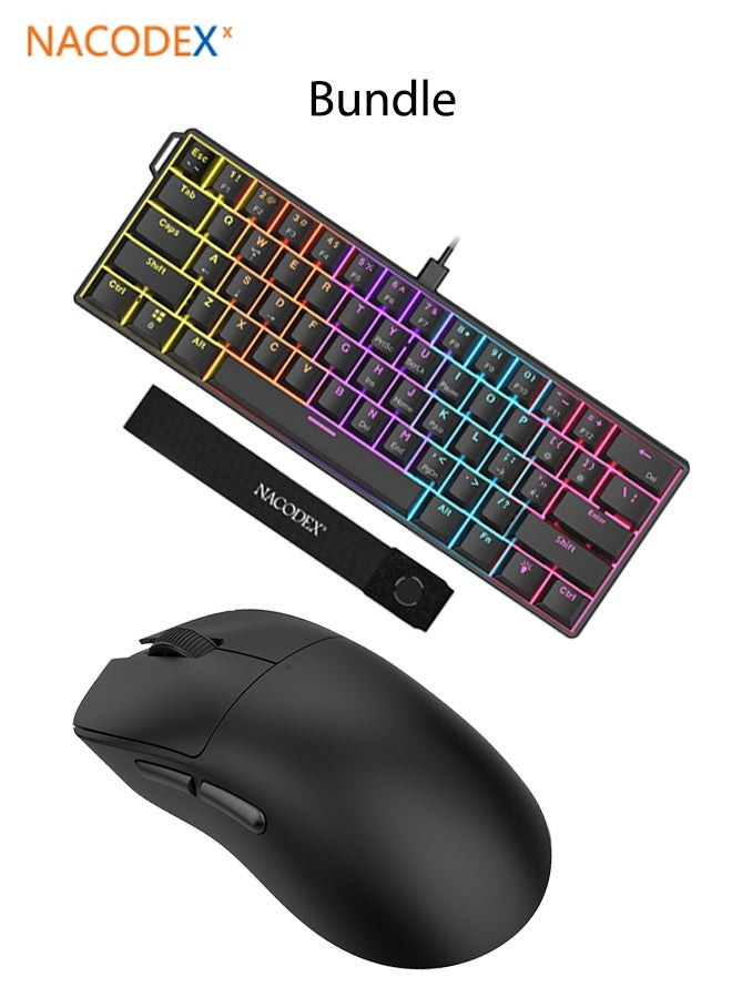 Nacodex Essential Esports Keyboard and Mouse Bundle: NK61 Mechanical Keyboard with Red Switches and RGB Lighting, USB-C port, 61-key compact design, wired keyboard, paired with the NJ08 lightweight wireless gaming mouse, supporting three connection modes (2.4G wireless / USB-C wired / Bluetooth 5.0), up to 16,000 DPI, 6 fully customizable buttons, compatible with Windows and Mac computers, suitable for both office and gaming use (Black) Bundle - Image 1