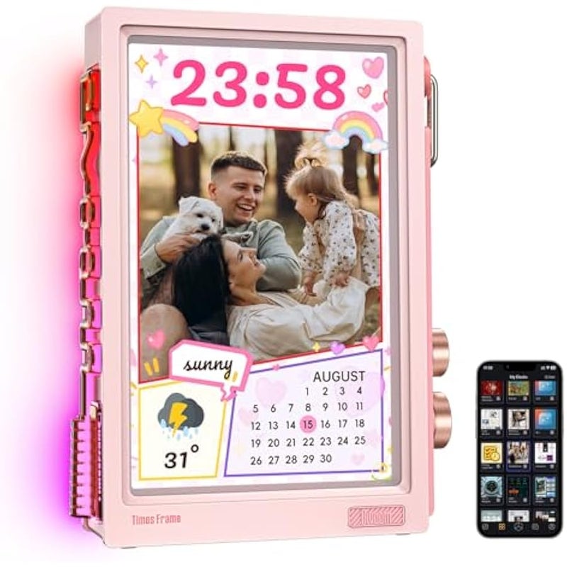 Divoom Times Frame-10.1 Digital Picture Frame Transparent IPS with RGBLED Rotary Knob WiFi 64GB 400+Clock Faces Widget 50+API Feeds Gift Mode Pixel Art Community Personalized Display (Pink) - Image 1