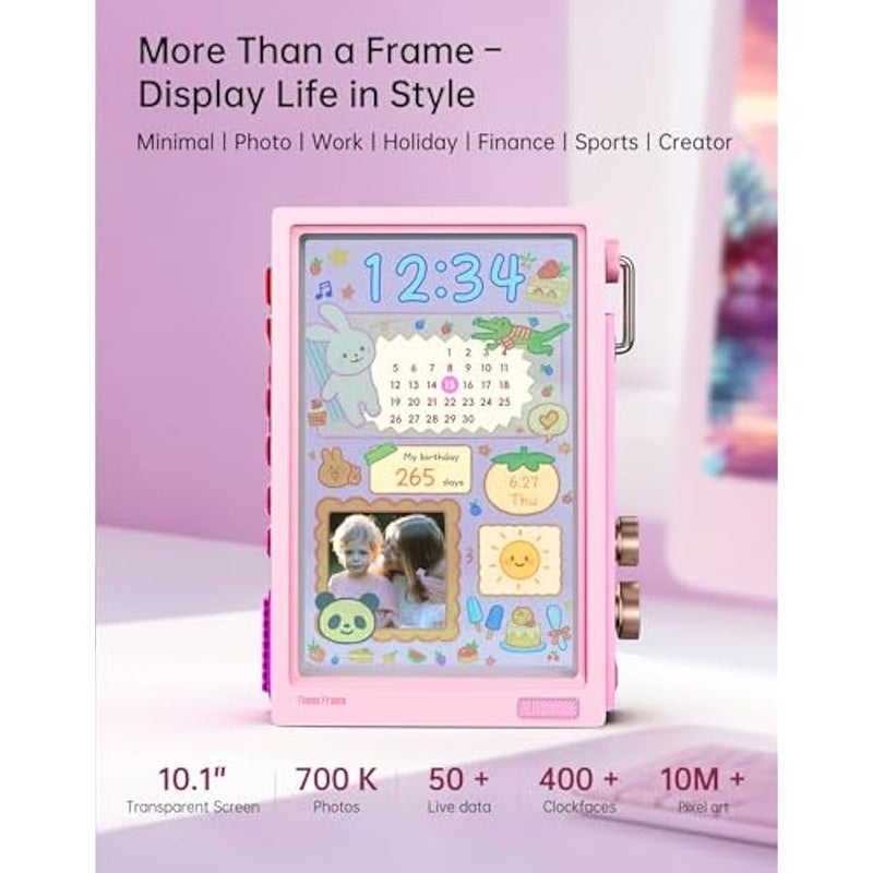 Divoom Times Frame-10.1 Digital Picture Frame Transparent IPS with RGBLED Rotary Knob WiFi 64GB 400+Clock Faces Widget 50+API Feeds Gift Mode Pixel Art Community Personalized Display (Pink) - Image 2