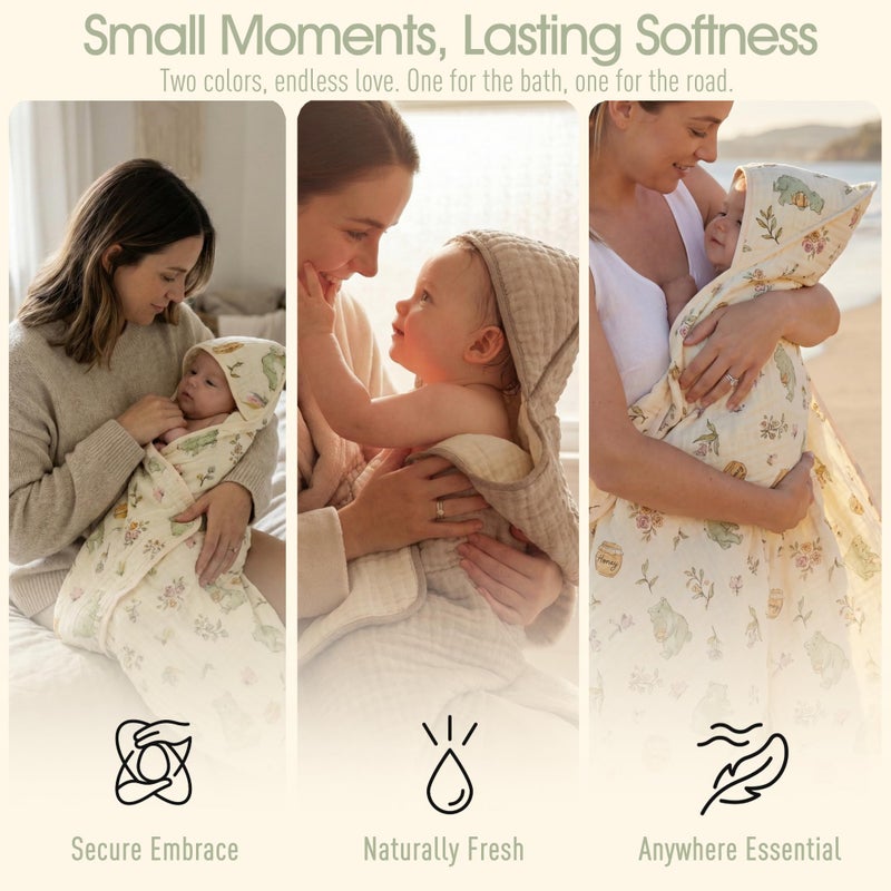 HardNok 4-Piece Muslin Baby Towel Set - Made with Organic Cotton, (2) 6-Layer 32x32 Towels & (2) Washcloths, Bath, Beach & Pool Gift Set (Nature Garden & Classic Coffee) - Image 4