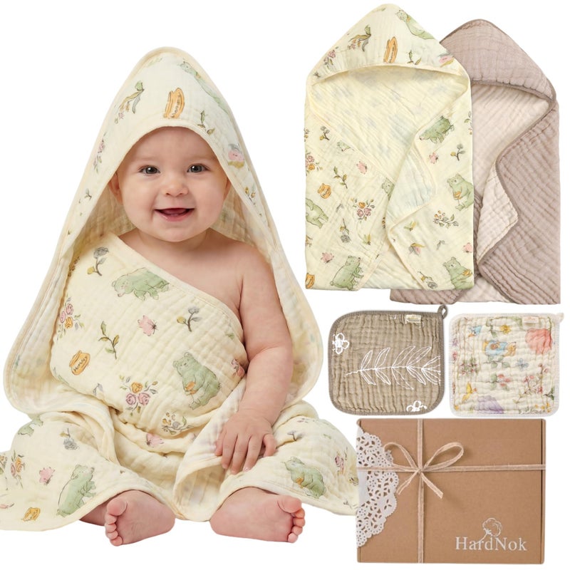 HardNok 4-Piece Muslin Baby Towel Set - Made with Organic Cotton, (2) 6-Layer 32x32 Towels & (2) Washcloths, Bath, Beach & Pool Gift Set (Nature Garden & Classic Coffee) - Image 1