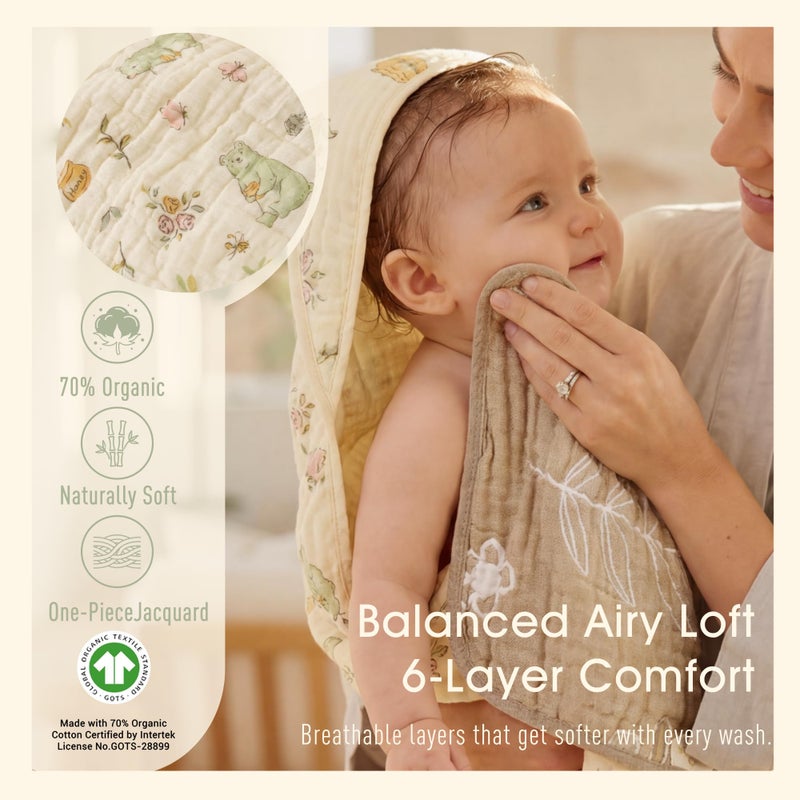 HardNok 4-Piece Muslin Baby Towel Set - Made with Organic Cotton, (2) 6-Layer 32x32 Towels & (2) Washcloths, Bath, Beach & Pool Gift Set (Nature Garden & Classic Coffee) - Image 3