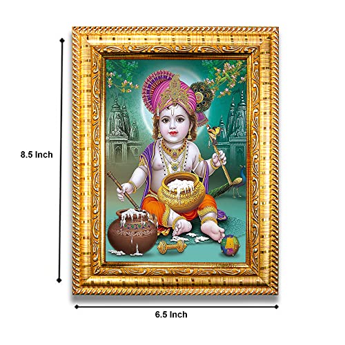 Hawai Holy Kamdhenu Cow with Calf Photo Frame, Size 8.5x7 Inch | Engineered Wood Wall Hanging Religious Home Decor | Vastu & Pooja Room Frame for Home Office Shop Temple | SFDI289GLDFRM - Image 3