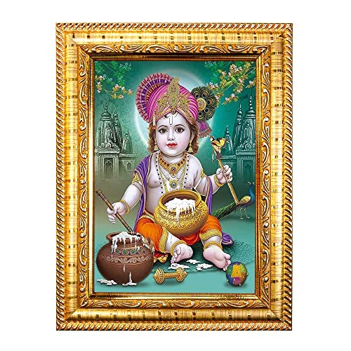 Hawai Holy Kamdhenu Cow with Calf Photo Frame, Size 8.5x7 Inch | Engineered Wood Wall Hanging Religious Home Decor | Vastu & Pooja Room Frame for Home Office Shop Temple | SFDI289GLDFRM - Image 1