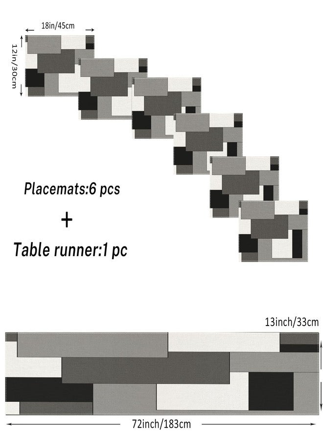 Emvency Black Grey Table Runner and Placemats Set of 6, Modern Geometric Abstract Painting Art Dining Decor for Daily Use(1 Table Runner 72 inches Long and 6 Placemats) - Image 2